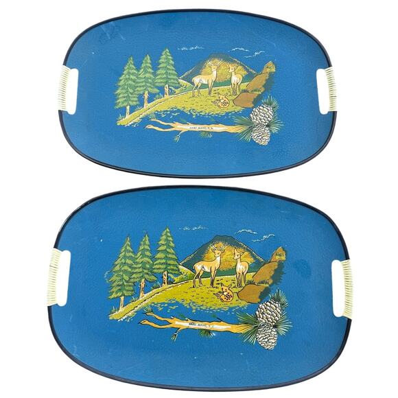 🦌 Vintage Made in Japan Deer Scene Fiberglass Serving Trays Set of 2 MCM - Picture 1 of 6